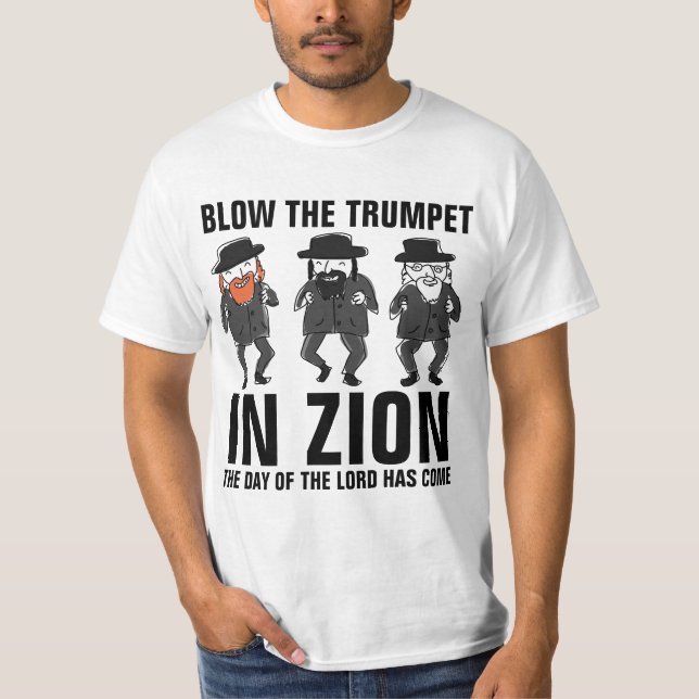 Camiseta BLOQUEAR O TRUMPET EM ZION, t-shirts messiânicas (Frente)