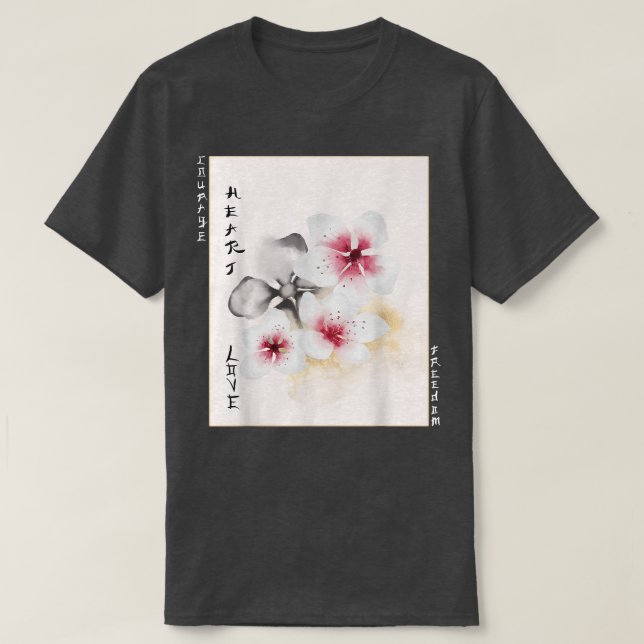Camiseta Bloqueio de Madeira com Rosa de Cereja de Arte Jap (Frente do Design)