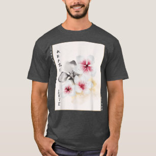 Camiseta Bloqueio de Madeira com Rosa de Cereja de Arte Jap