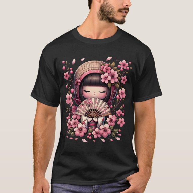 Camiseta Blossom de cereja da boneca Kawaii Kokeshi japones (Frente)