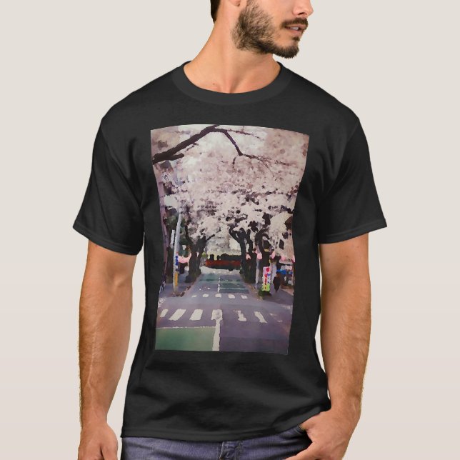 Camiseta Blossomas de Cereja com Fotografia em Rua Japonesa (Frente)