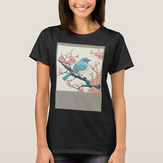 Camiseta Blossoming Bluebird on Sakura Branch  Floral Fligh (Frente)