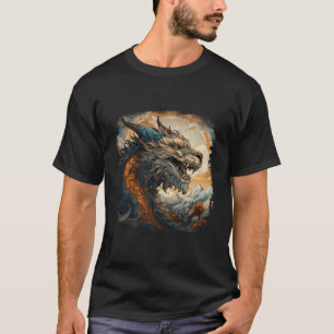Camiseta Blue Asian Dragon Moon Mountain Clouds Japonês An