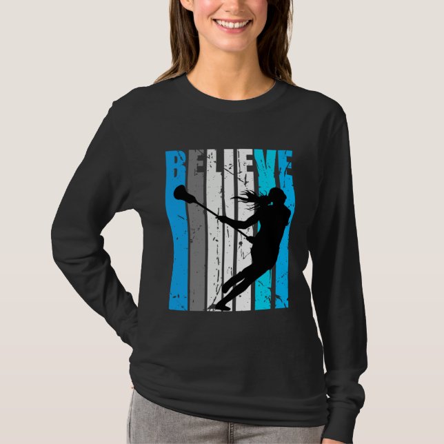 Camiseta Blue Believe Lacrosse Motivational Girls Team Retr (Frente)
