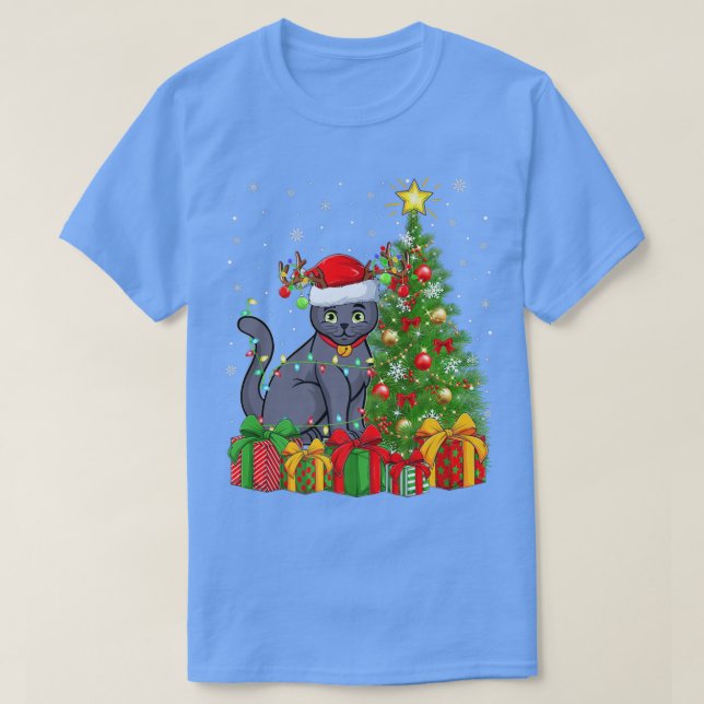 Camiseta Blue Cat Russo Iluminação Xmas Árvore Russa Azul C (Frente do Design)