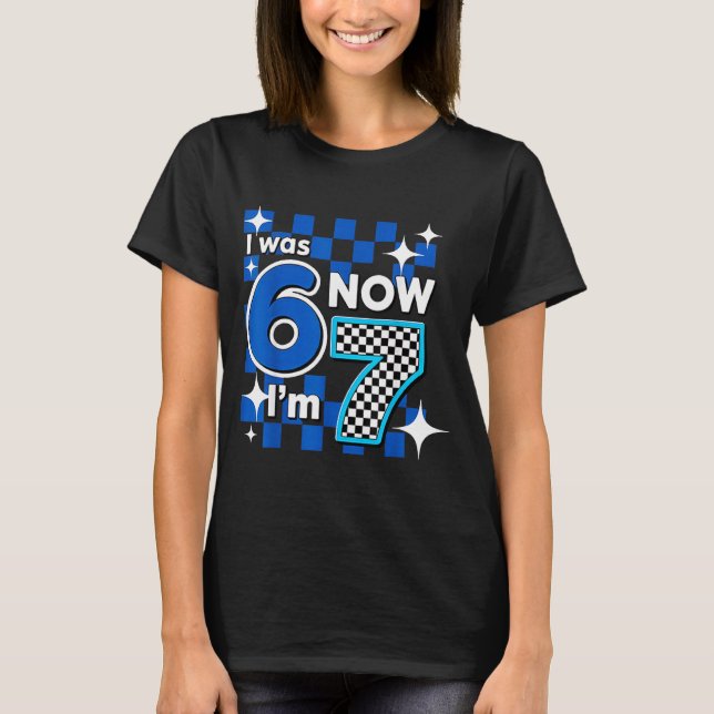 Camiseta Blue Checkered I Was 6 Now I'm 7 Birthday  (Frente)