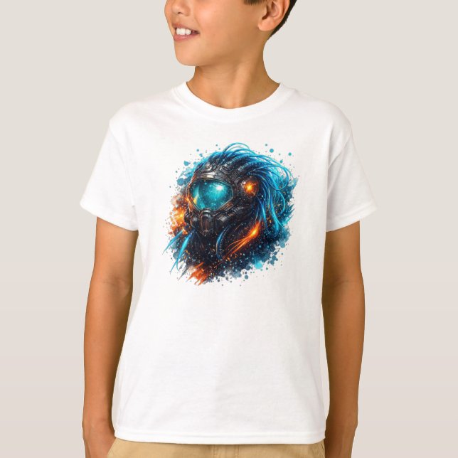 Camiseta Blue Cyber Helmet – Futuristic Neon Tech Art (Frente)