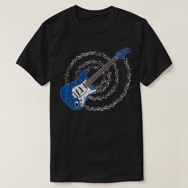 Camiseta Blue Electric Guitar Spiraling Musical Notes  (Frente do Design)