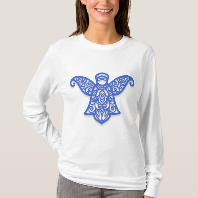 Camiseta Blue Filigree Angel Silhouette Ornate Lace (Frente)