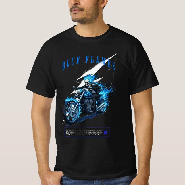 Camiseta Blue Flames Motorcycle Design | Skull Rider (Frente)