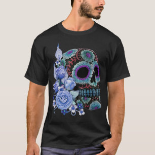 Camiseta Blue Floral Black Sugar Skull Day Of The Dead