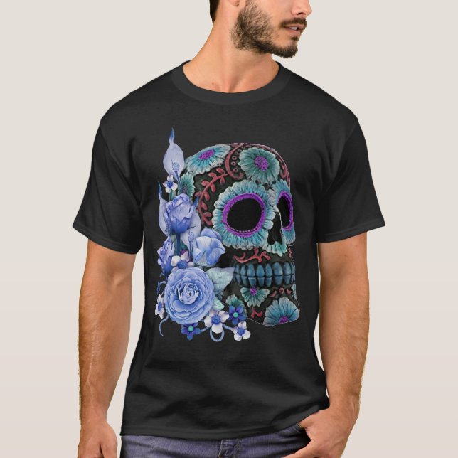 Camiseta Blue Floral Black Sugar Skull Day Of The Dead (Frente)