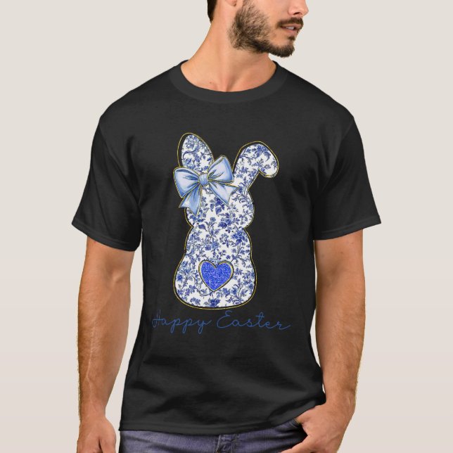 Camiseta Blue Floral Toile Chinoiserie Bunny Easter For Gir (Frente)