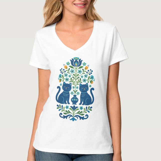 Camiseta Blue Folk Art Cats – Whimsical Floral Cat Design i (Frente)