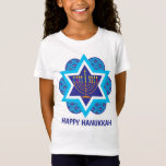 Camiseta Blue Happy Hanukkah<br><div class="desc">Feliz Hanukkah em tons de azul com menorah amarela e a estrela de David em um fundo. Velas coloridas. Excelente como presente. Desejo-te um Hanukkah feliz!</div>