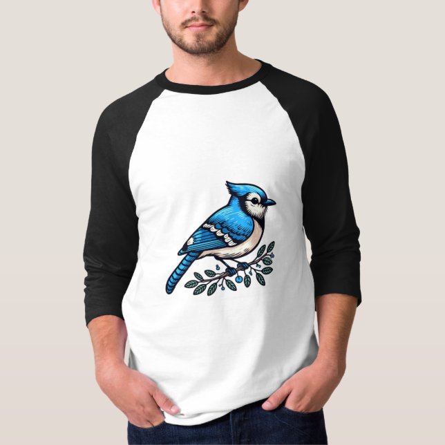 Camiseta Blue Jay bird Basic 3/4 Capa Raglan T Shirt (Frente)
