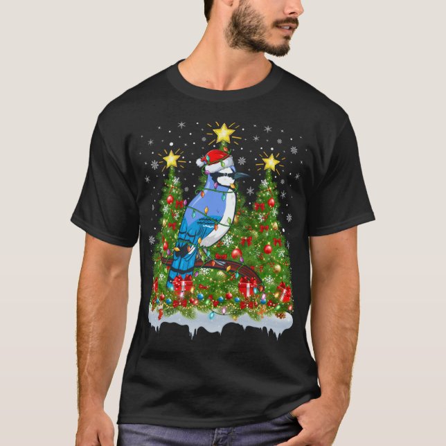 Camiseta Blue Jay Bird Luzes Papais noeis Blue Jay Natal (Frente)