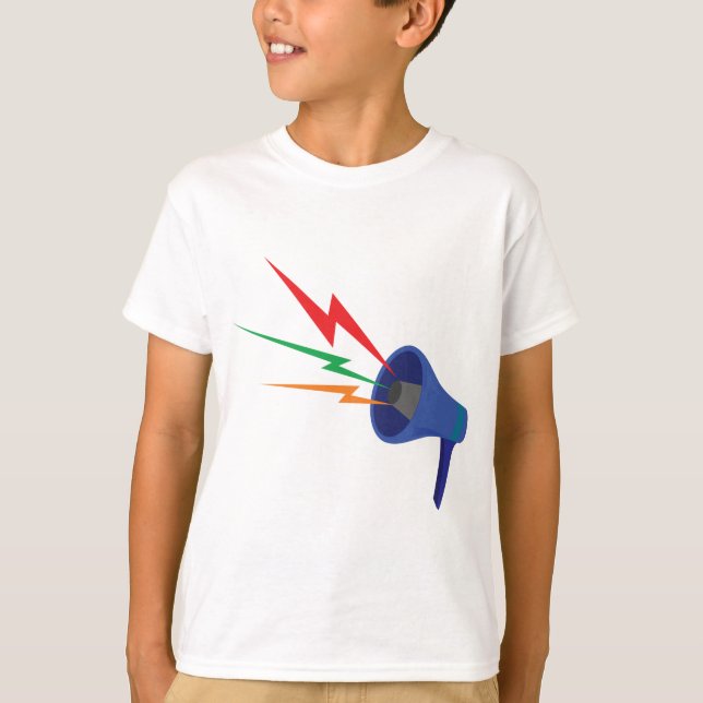Camiseta Blue Megaphone with Colorful Lightning Bolts (Frente)
