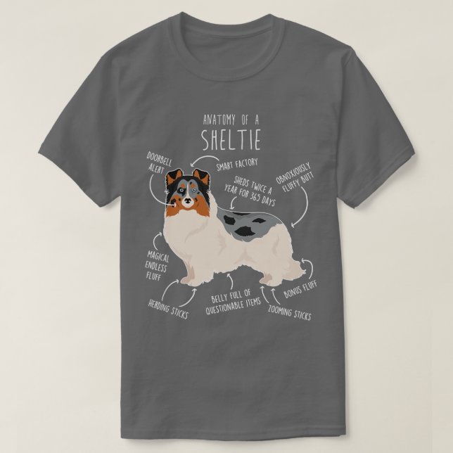 Camiseta Blue Merle Sheltie Shetland Sheepdog Anatomia 1 (Frente do Design)
