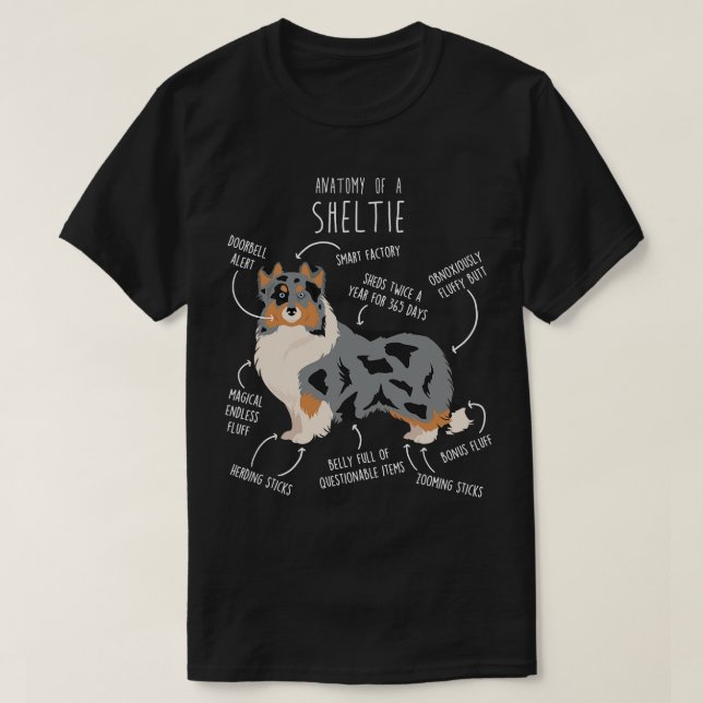 Camiseta Blue Merle Sheltie Shetland Sheepdog Anatomia 2 (Frente do Design)