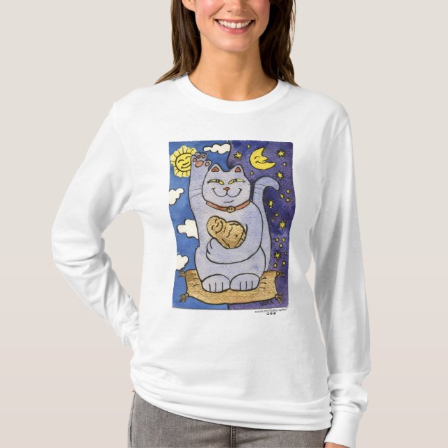 Camiseta Blue Neko com Buda no Travesseiro Dourado (Frente)