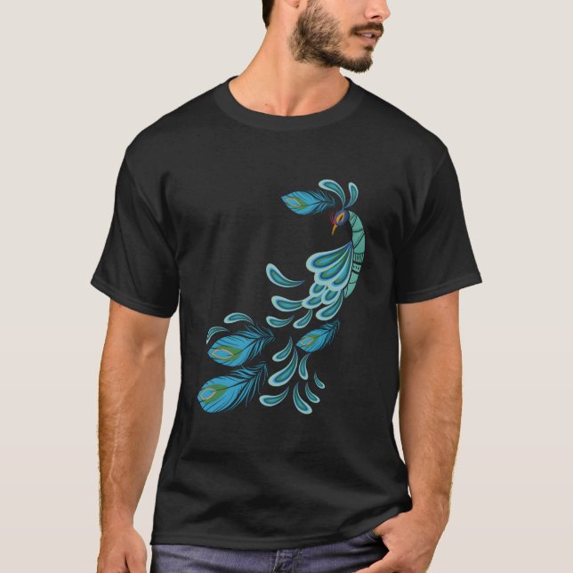 Camiseta Blue Peacock Print Teal Feathers I Peacock (Frente)