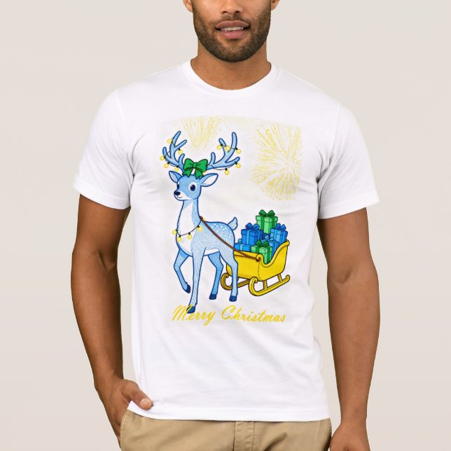 Camiseta Blue Reindeer & Sleigh Merry Christmas Men's (Frente)