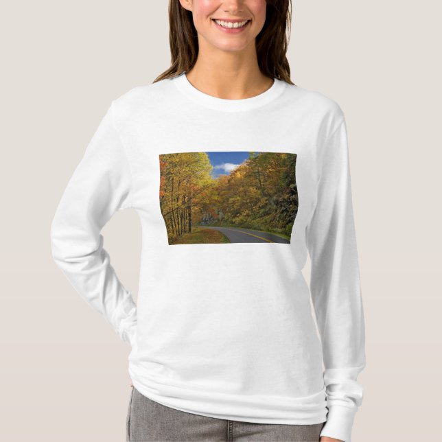 Camiseta Blue Ridge Parkway curvando as cores do outono (Frente)
