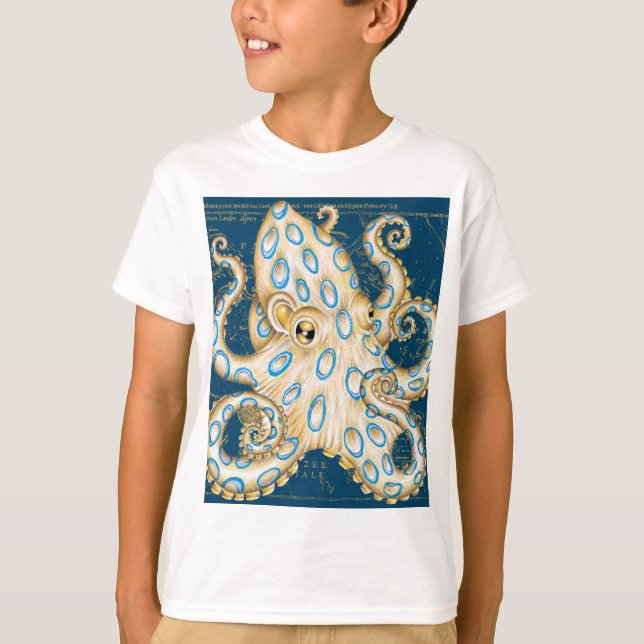 Camiseta Blue Ring Octopus Indigo Vintage Map Nautical (Frente)