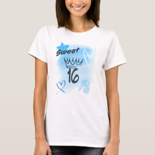 Camiseta Blue Sweet 16 Airbrush Coroado com uma Coroa