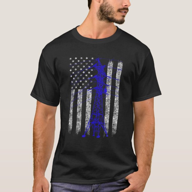 Camiseta Blue Transmission Tower American Flag Lineman (Frente)
