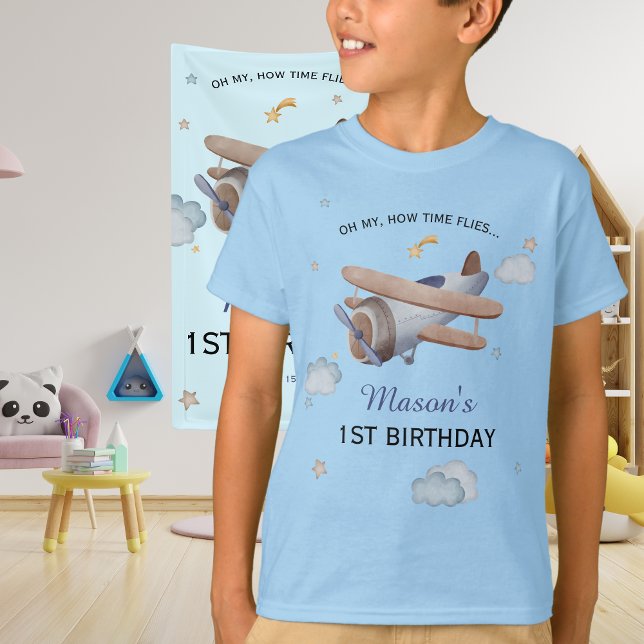 Camiseta Blue Vintage Airplane Time Flies 1st Birthday (Criador carregado)