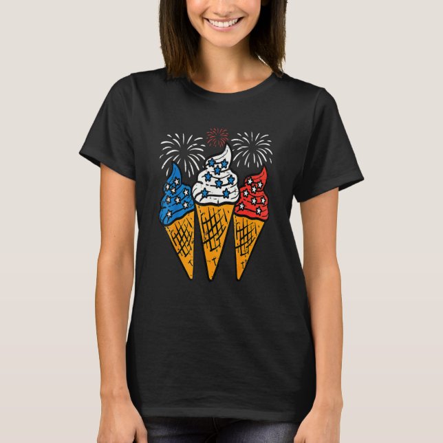Camiseta Blue White Red Ice Cream Cone Us Flag 4th Of July  (Frente)