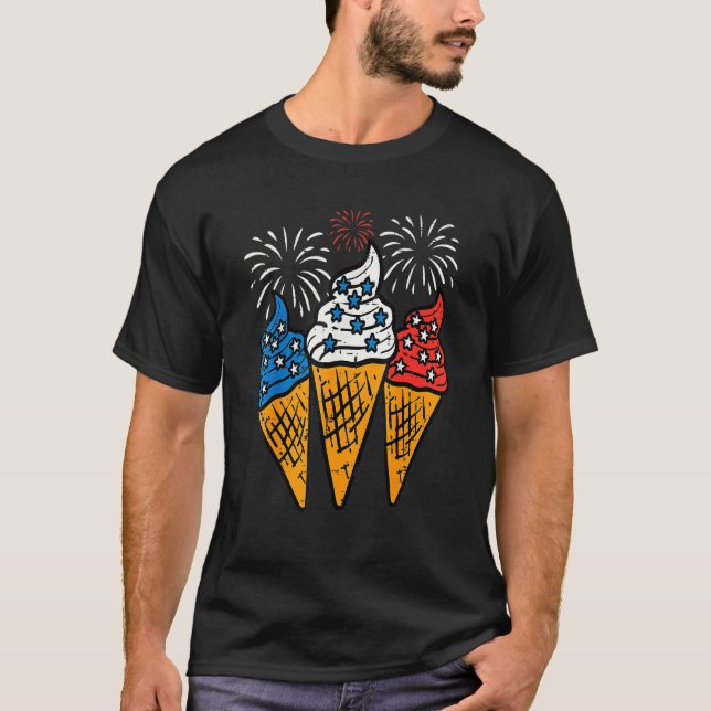 Camiseta Blue White Red Ice Cream Cone Us Flag 4th Of July  (Frente)
