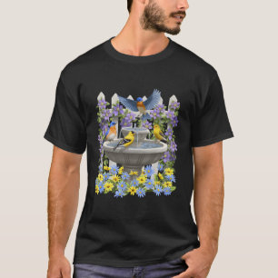 Camiseta Bluebird Goldfinches Bird Bath Flower Garden