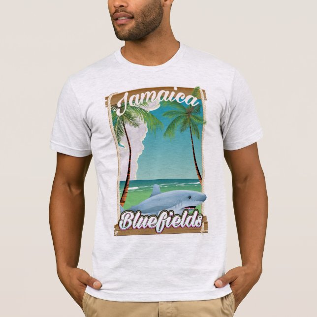 Camiseta Bluefields, poster de férias na praia da Jamaica. (Frente)