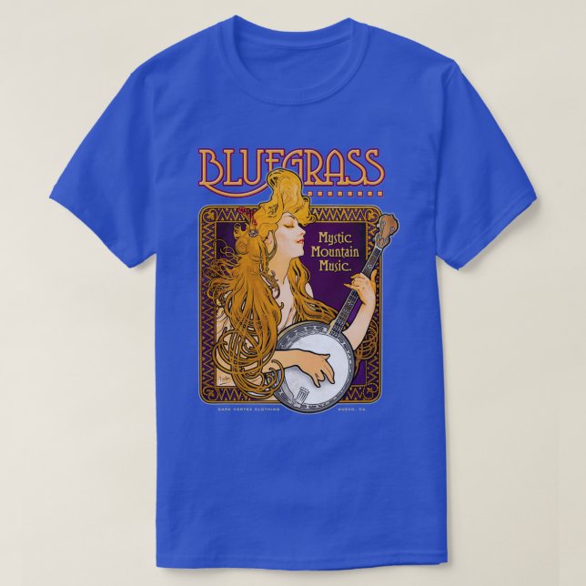 Camiseta Bluegrass Alphonse Mucha Inspirou Garota Banjo (Frente do Design)
