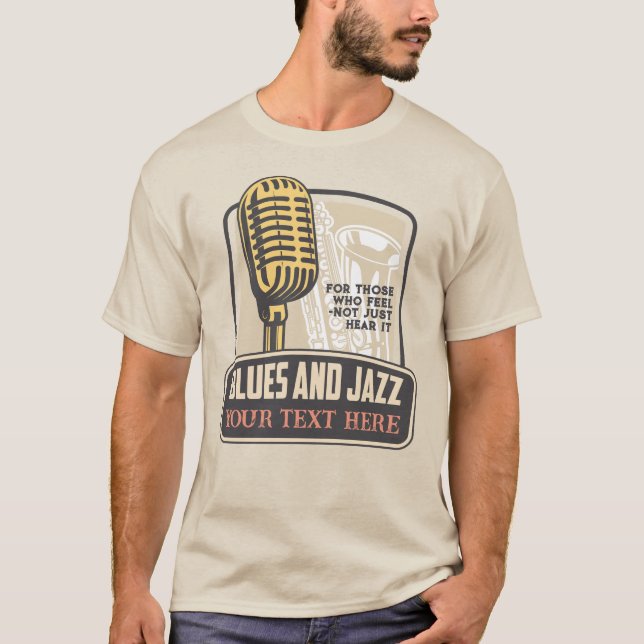 Camiseta Blues e jazz com gráfico mic e saxofone (Frente)
