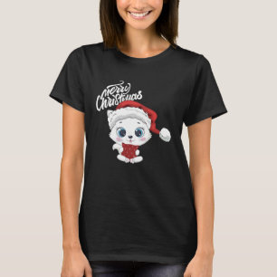 Camiseta Blusa de Natal com Gato Fofo para Garotas Adolesce