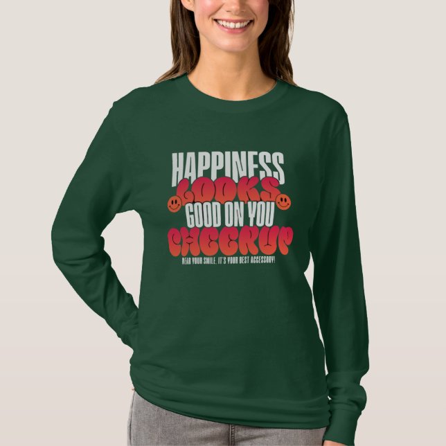 CAMISETA BLUSA FEMININA DE MANGA LONGA COM ESTILO FELIZ  (Frente)