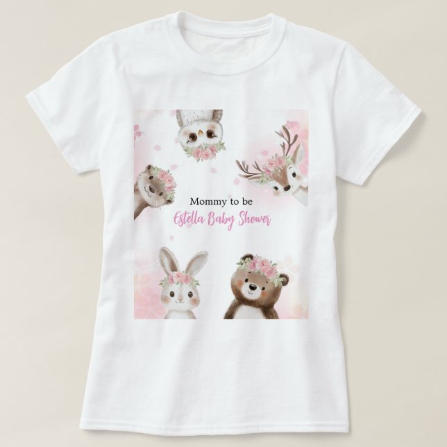 Camiseta Blush woodland Baby Shower T-Shirt for Mom-to-Be (Frente do Design)
