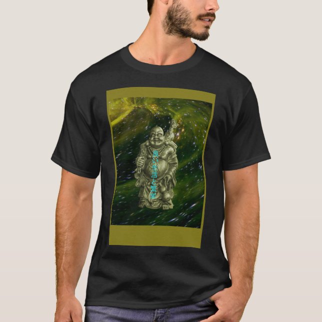 Camiseta boa vida e prosperidade rindo buda no espaço (Frente)