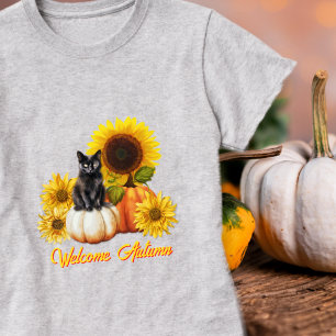 Camiseta Boas-vindas Girassóis de Gato Preto de Outono Abób