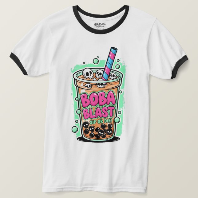 Camiseta Boba Blast – Sip or Die! Ringer T-Shirt (Frente do Design)