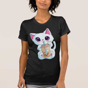 Camiseta Boba Tea Cat Anime Para Mulheres Kawaii Bubble Tea
