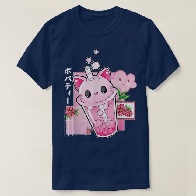 Camiseta Boba Tea Cat Bubble Tea Kawaii Anime Japonesa (Frente do Design)