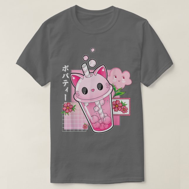 Camiseta Boba Tea Cat Bubble Tea Kawaii Anime Japonesa (Frente do Design)