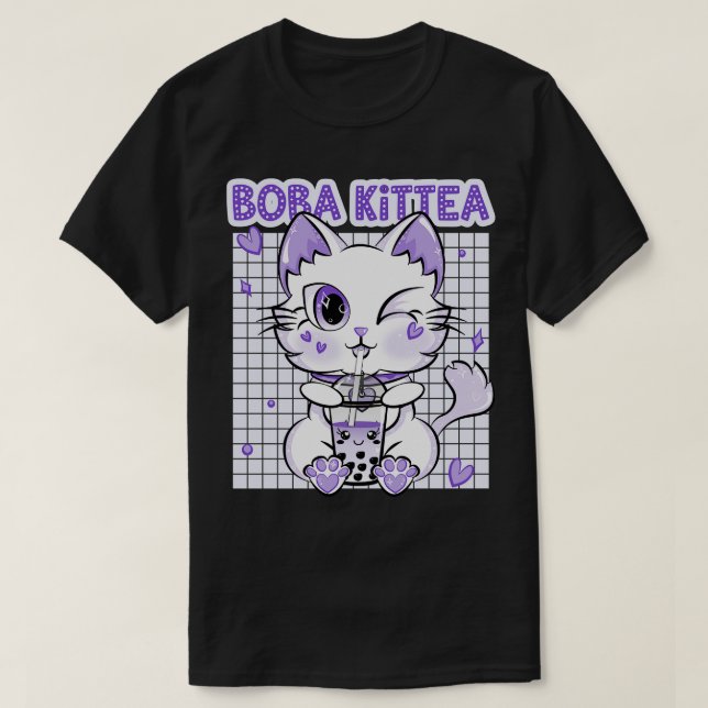 Camiseta Boba Tea Women Lavanda Kité Kawaii Cat Japonês (Frente do Design)