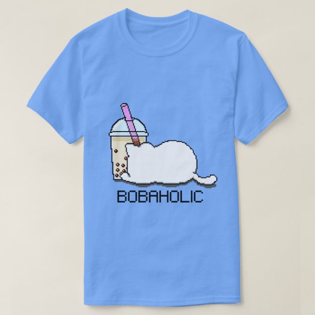 Camiseta Bobaholic Pixel Cat ama Boba Tea (Frente do Design)