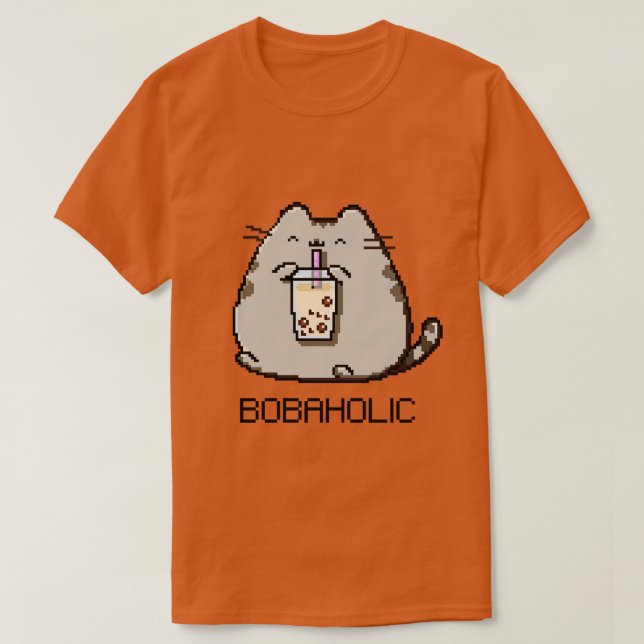 Camiseta Bobaholic Pixel Chubby Cat ama Boba Tea (Frente do Design)